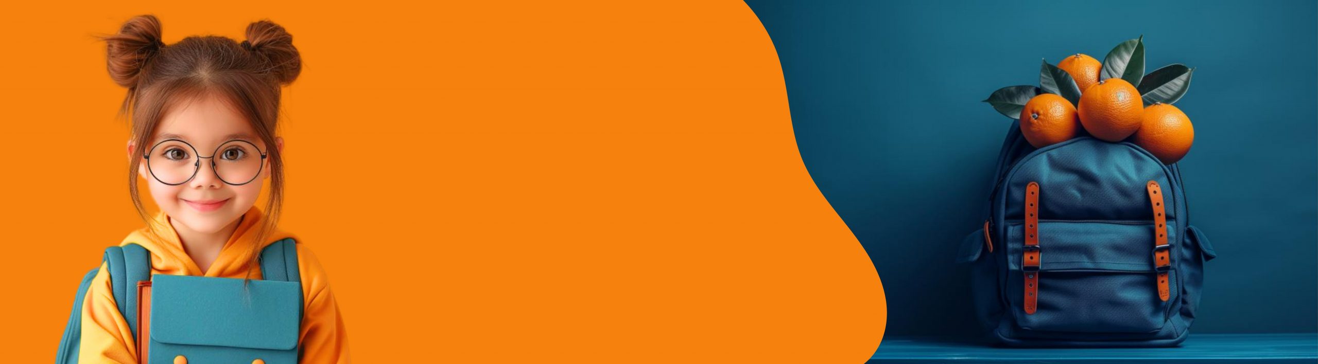 A little girl in glasses and a blue backpack with oranges, created with Generative AI technology.